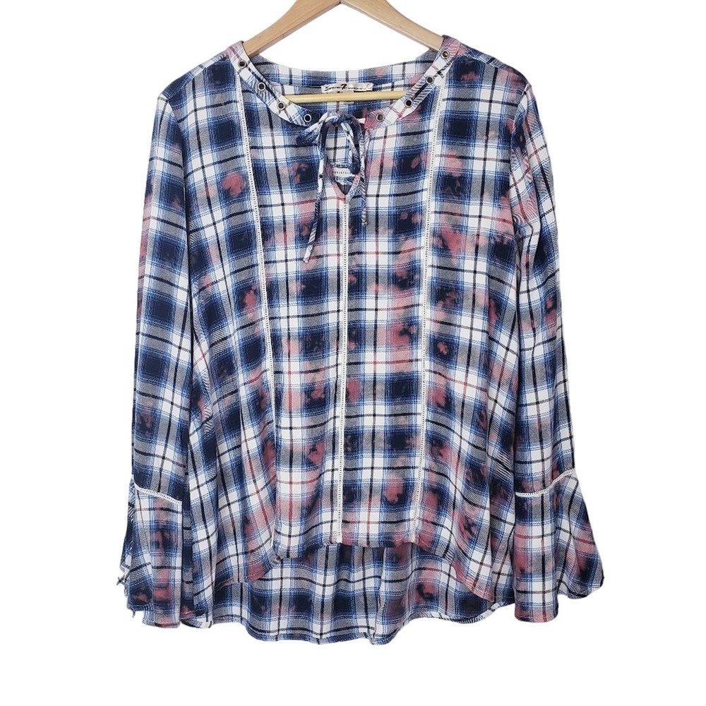 Seven7 Women's Large Plaid Tie-Dye Tie Front Pullover Top‎